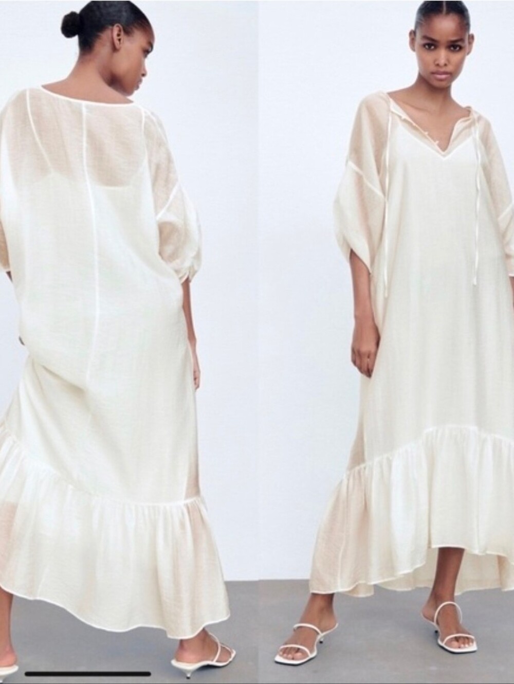Zara Oyster White Semi Sheer Maxi Dress Size S.